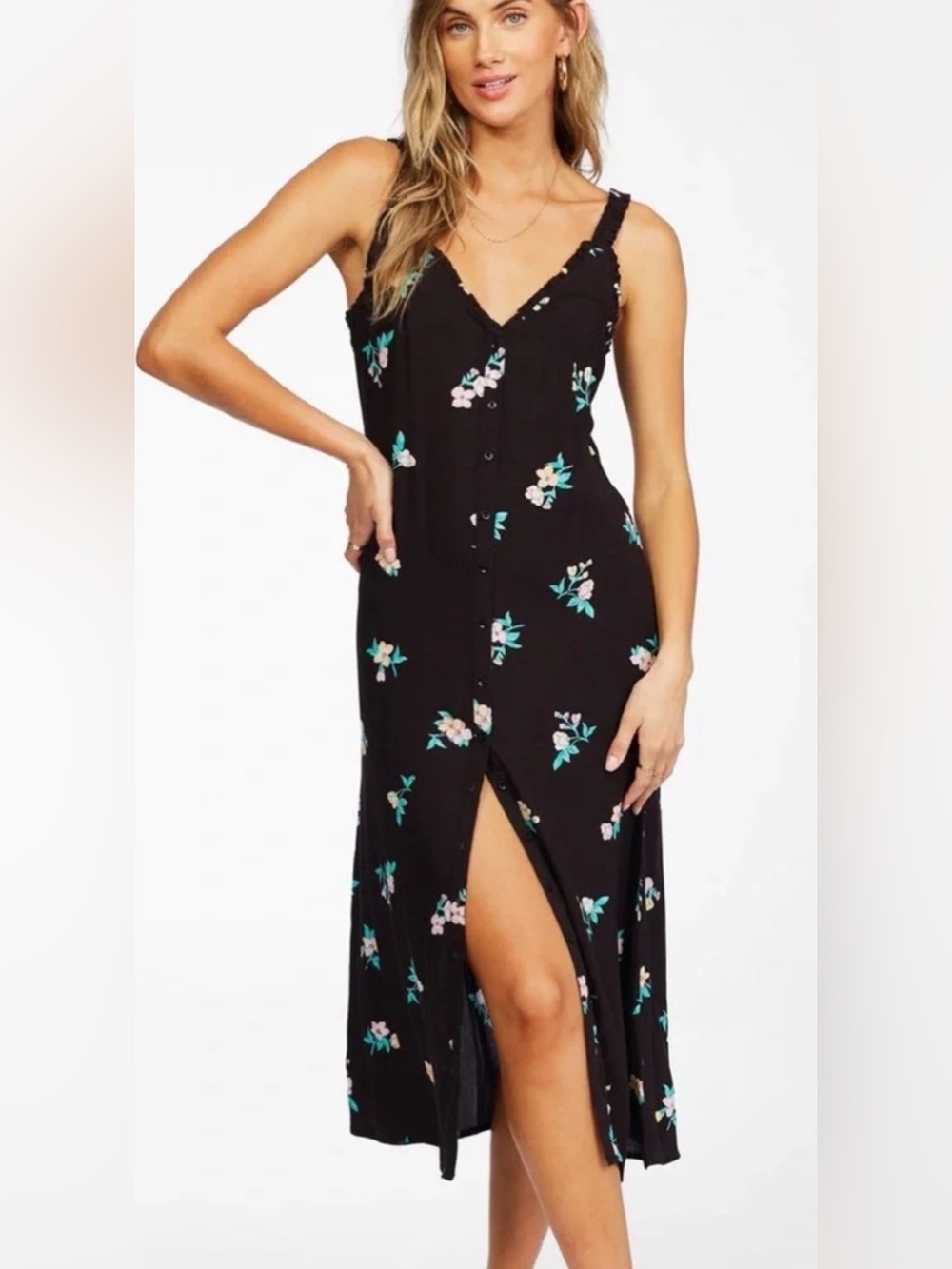 Billabong Sweet Edges midi dress button front boho bohemian floral L